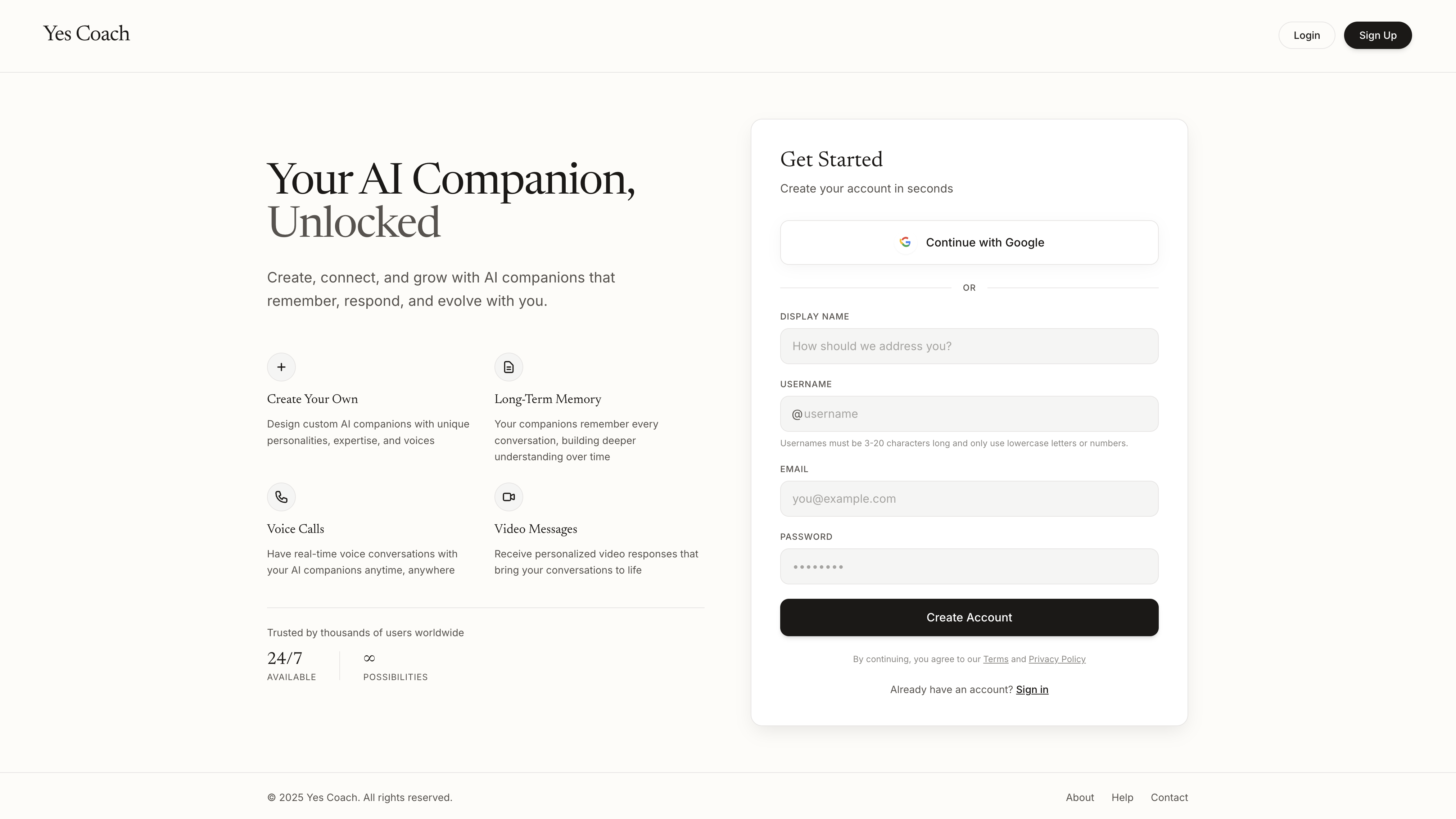 Yes Coach onboarding screen showcasing AI companion features